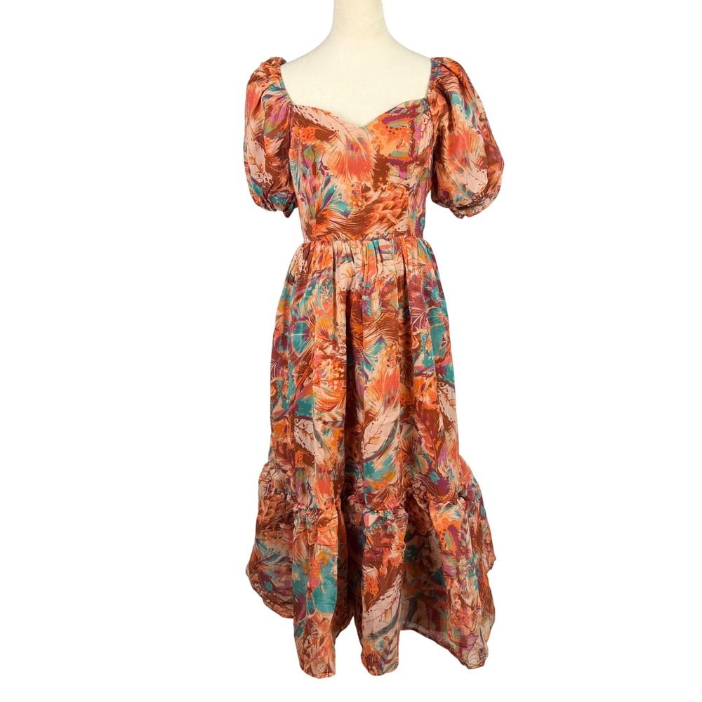 Midi Dress Womens Small Puff Sleeve Tiered Tropical‎ Orange Boho Cottagecore